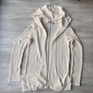 Mudd Waffle Knit Hooded Cardigan Cream Open Front Sweater Granola Girl Boho M